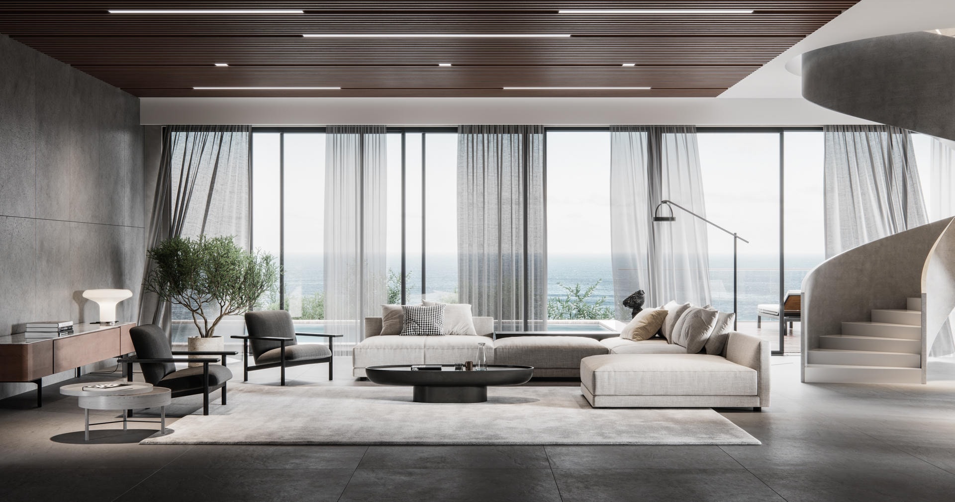 Luxury living room with floor-to-ceiling sheer drapes and ocean view